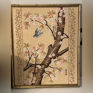 COPY - Vintage silk embroidery art panel Bluebird flower framed art.